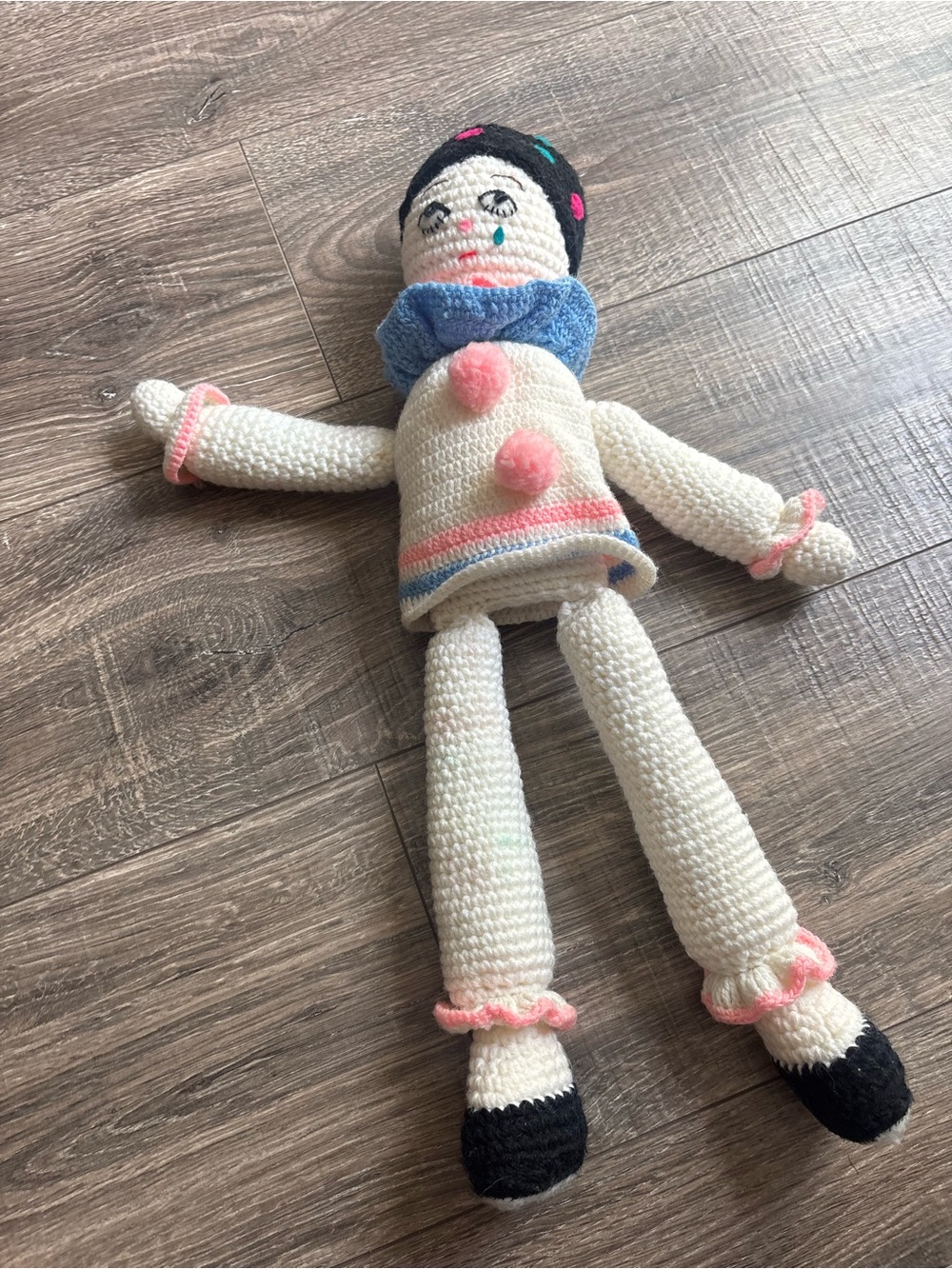 Handmade Cream Knit Clown Doll with Pink Accents